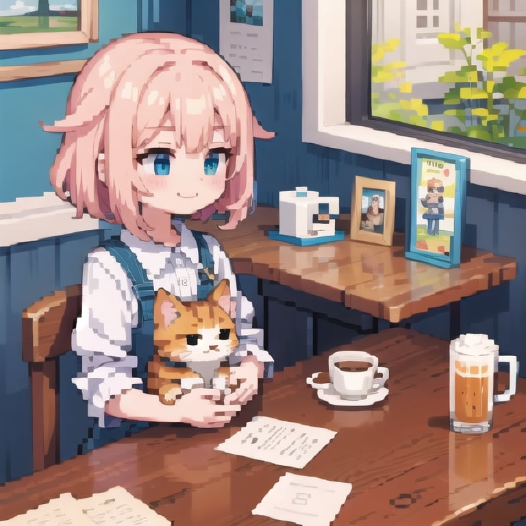 (masterpiece), cafe, cat. dog, smile,