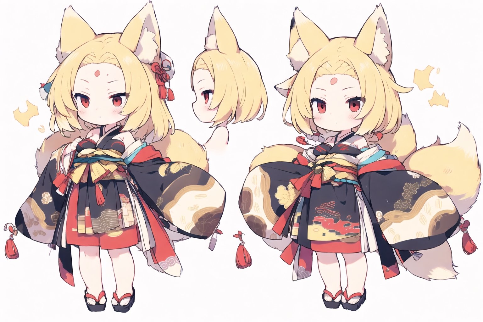 Masterpiece, best quality, 1girl, blue sky, cloud trail, warm, looking away, kleedef, red eyes,bombs, red hat, balls,

multiple views,simple background,white background,full body,

Omachi,
blonde hair,long hair,
forehead,
fox ear,fox tail,
kimono,
flat breasts,Omachi,group_squeez
