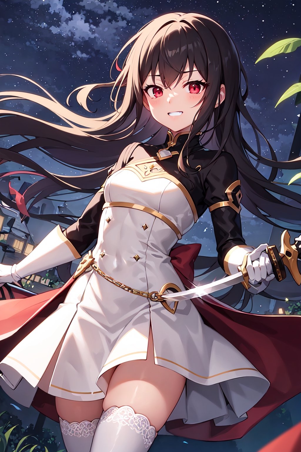 4k, high quality, masterpiece, beautiflu girl, (princess knight)++, black hair, red eyes, long sleeves, (holding western sword)++, rainny background, fantasy, impish grin, dutch angle, outside, nature, leaves in wind, white gloves, outdoors, not expression, wind+, thighhighs under boots, lace trim, ero, dress with slit, long hair, cool beauty, night background 