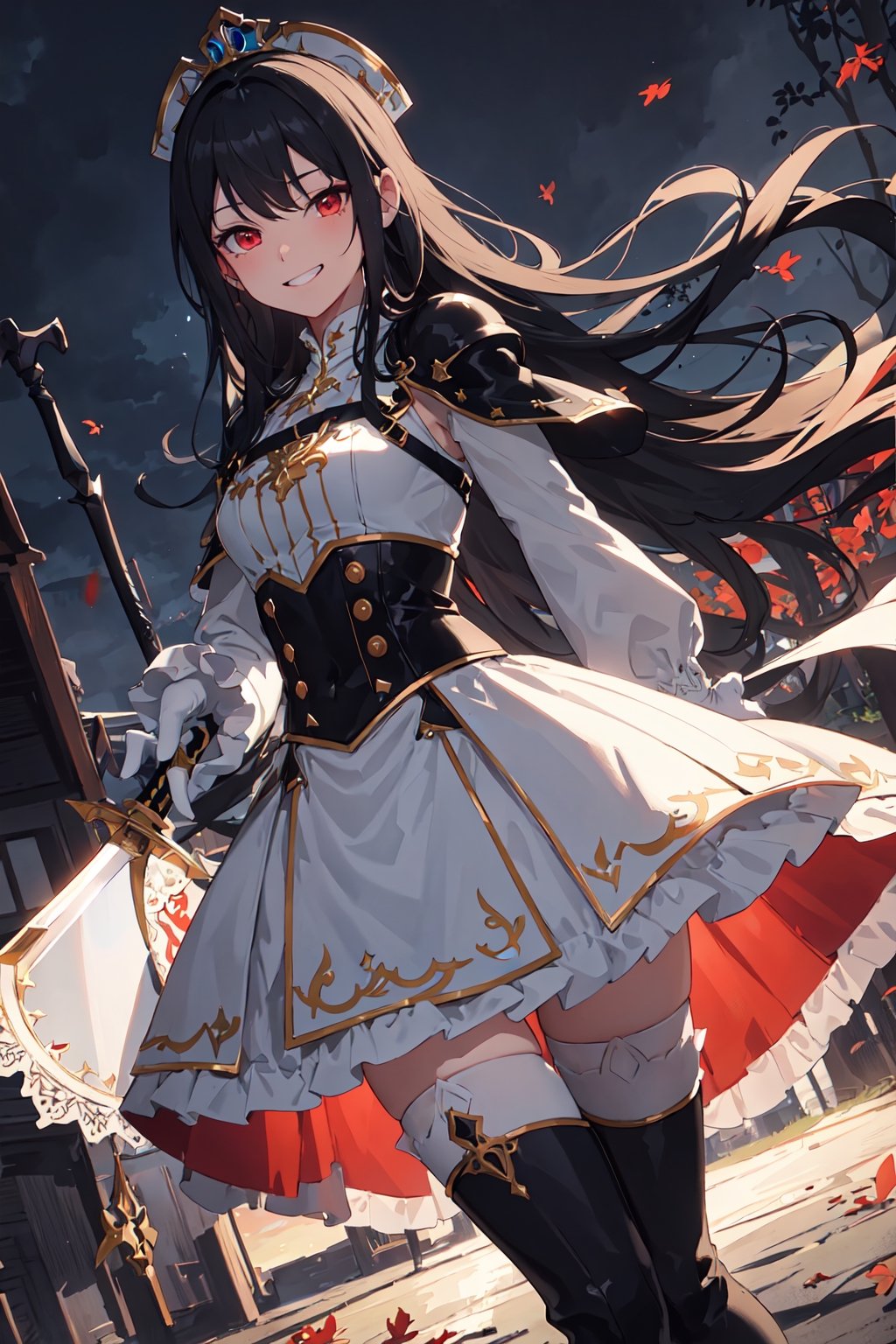 4k, high quality, masterpiece, beautiflu girl, (princess knight)++, black hair, red eyes, long sleeves, (holding western sword)++, rainny background, fantasy, impish grin, dutch angle, outside, nature, leaves in wind, white gloves, outdoors, not expression, wind+, thighhighs under boots, lace trim, ero, dress with slit, long hair, cool beauty, night background 