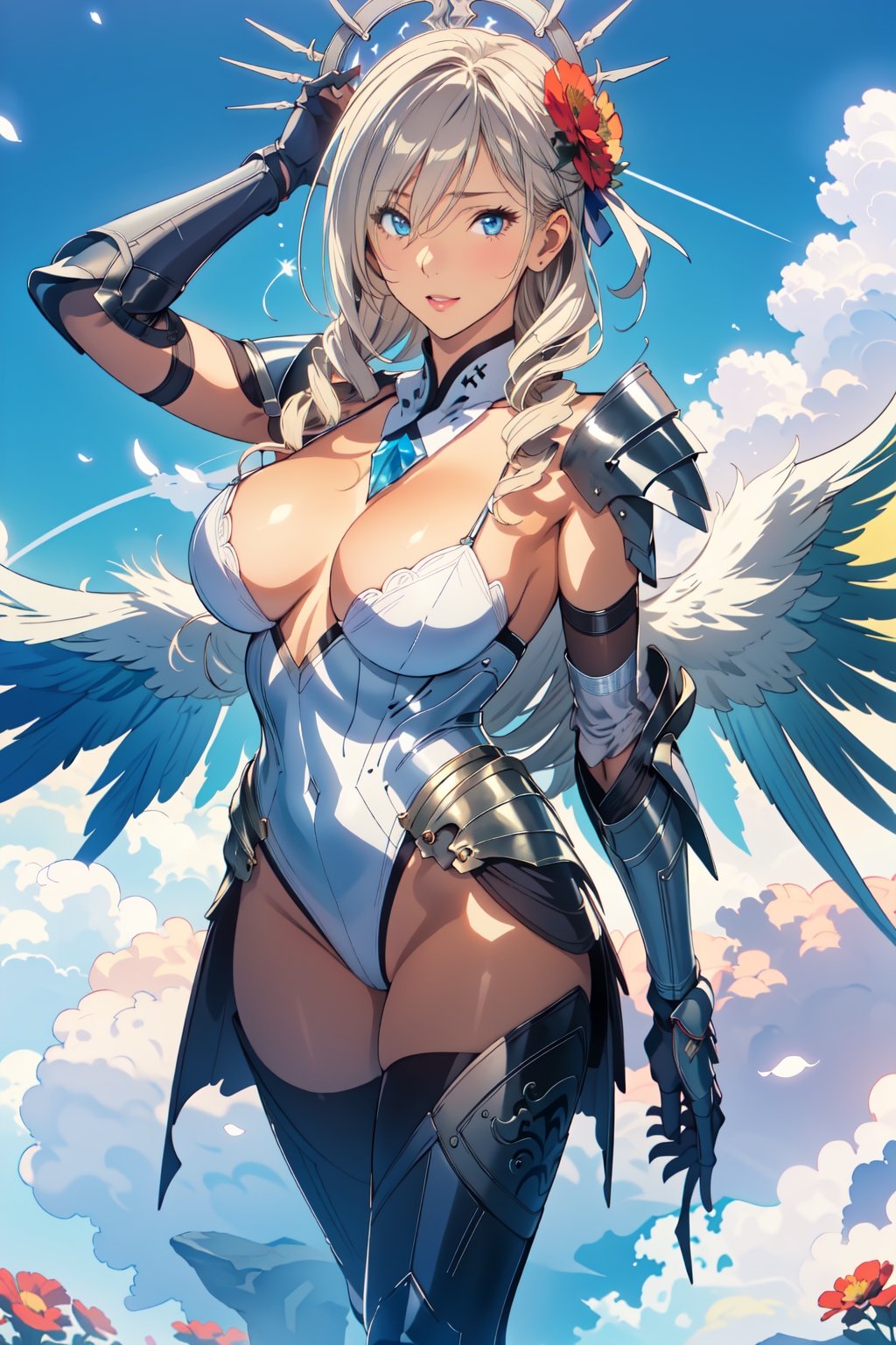 masterpiece,{{{best quality}}},(illustration)),{{{extremely detailed CG unity 8k wallpaper}}},game_cg,(({{1girl}})),{solo}, (beautiful detailed eyes),((shine eyes)),goddess,fluffy hair,messy_hair,ribbons,hair_bow,{flowing hair}, (glossy hair), (Silky hair),((white stockings)),(((gorgeous crystal armor))),cold smile,stare,cape,(((crystal wings))),((grand feathers)),((altocumulus)),(clear_sky),(snow mountain),((flowery flowers)),{(flowery bubbles)},{{cloud map plane}},({(crystal)}),crystal poppies,({lacy}) ({{misty}}),(posing sketch),(Brilliant light),cinematic lighting,((thick_coating)),(glass tint),(watercolor),(Ambient light),long_focus,(Colorful blisters),ukiyoe style,celia,aintree