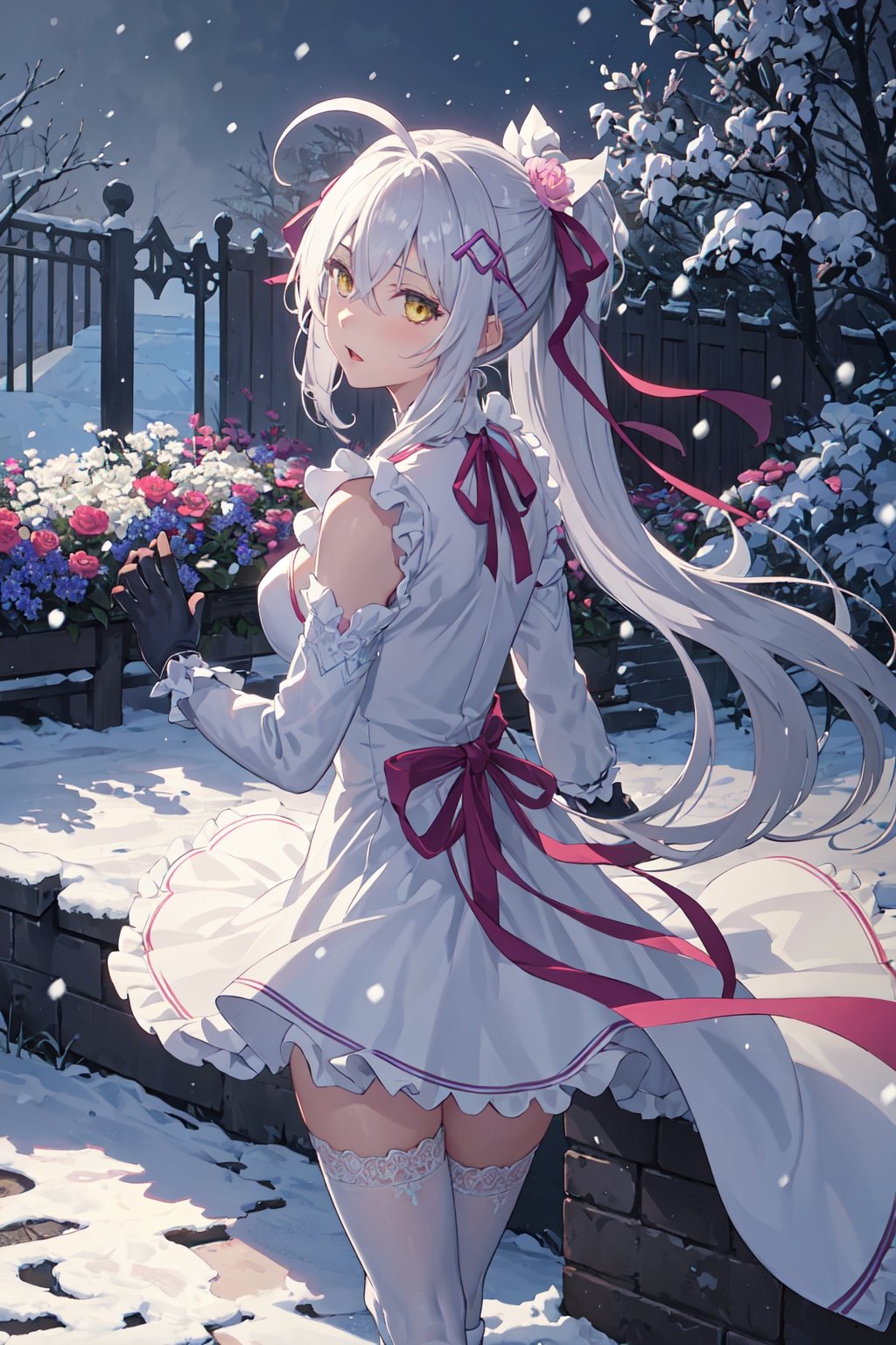 1girl, solo, fighting stance, from behind, garden, snowing, amber eyes, lace trim, frills, gloves, neck ribbon, hair ornament, very long hair, long hair, white hair, ahoge, boots, beautiful gown, long sleeves, hair between eyes, flower, hair ribbon, high quality, thighhighs, dress, ribbon, Medium breasts