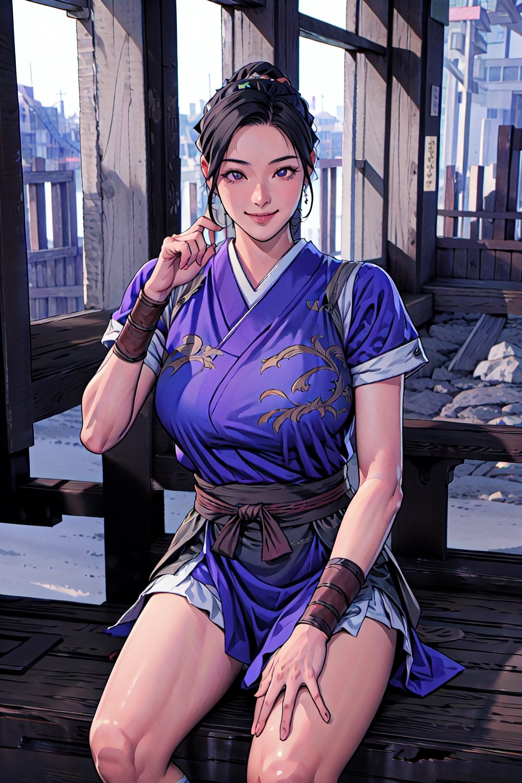 {best quality}, detail fingers,{{masterpiece}},illustration,portrait,solo,masterpiece,best quality,black hair,headband,japanese clothes,japanese armor,muneate,large_breast,incredibly absurdres,highres,high detail eyes,sitting,window,smile,indoors,bar,Samurai Warriors 5,
looking at viewer,