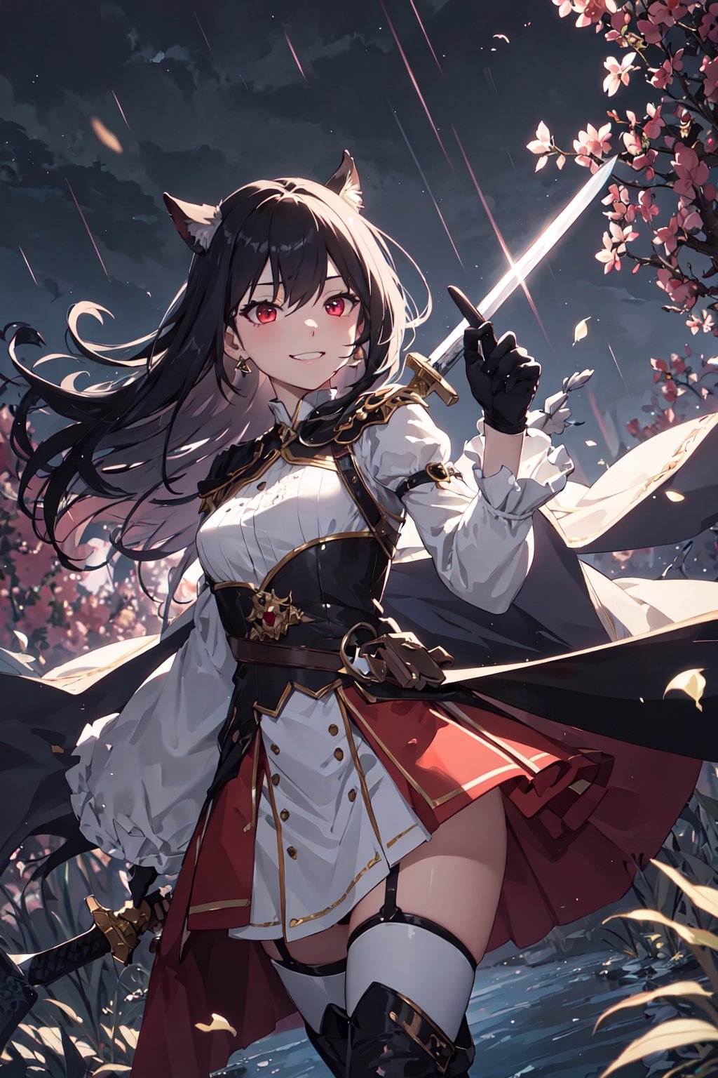 4k, high quality, masterpiece, beautiflu girl, (princess knight)++, black hair, red eyes, long sleeves, (holding western sword)++, rainny background, fantasy, impish grin, dutch angle, outside, nature, leaves in wind, white gloves, outdoors, not expression, wind+, thighhighs under boots, lace trim, ero, dress with slit, long hair, cool beauty, night background 