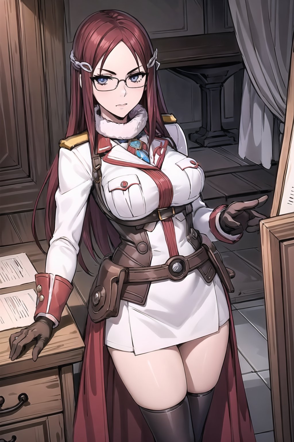 (masterpiece),illustration,8k,ray tracing,finely detailed,best detailed,Clear picture,highlight,

matrue female,milf,
tsurime eyes,
oval face,

gothic architecture,
looking at viewer,
medium breasts,

Minerva_Victor, forehead, red_hair, long_hair, very_long_hair, glasses, hair_clip, cowboy shot, white military_uniform, Winter_Clothing, long sleeves, thighhighs, fur, armor, single pauldron,fingerless gloves, skirt, Lean forward, hands placed on the back,