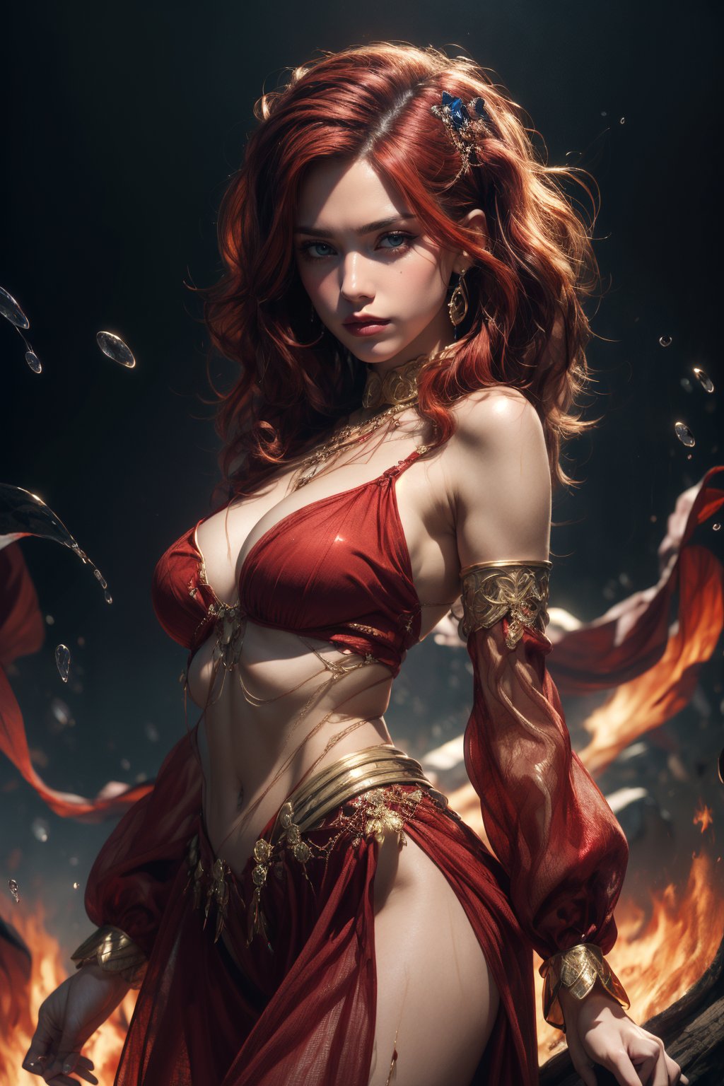 (masterpiece, top quality, best quality, official art, beautiful and aesthetic:1.2), (1girl:1.2), fire fairy, golden eyes, beautiful face, ((Transparent heavenly plumage)),extreme detailed, colorful, highest detailed, (splash_art:1.2), jewelry:1.4, red and golden wear, scenery, colorful_girl_v2, messy hair, (red hair:1.3), dark red harem outfit, dancer, veil, dark red outfit, dark red dress, sheer_clothes, see-through_sleeves, no smile, angry, angry face, fierce face, accessories, hair_ornaments