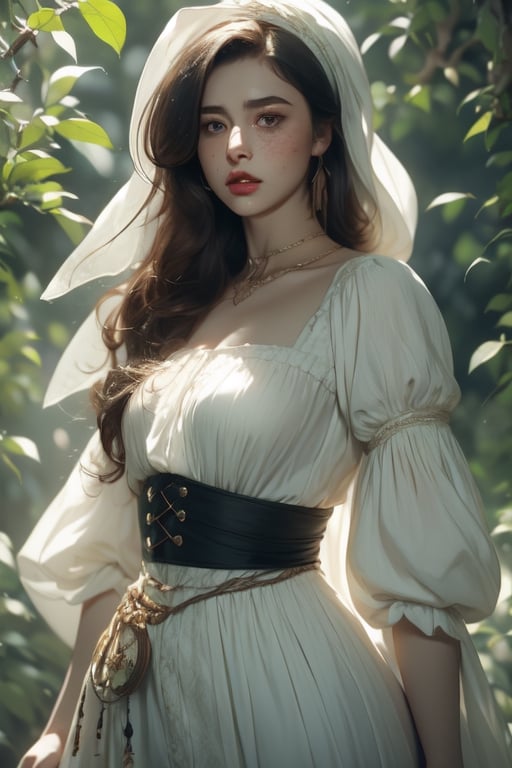 1 photograph, detailed lips, portrait, 1 female, (black hair), long curly hair, black eyes, (beautiful), peasant dress, commoner outfit, ((small orchard: background)),4k, masterpiece, (dynamic pose)),Detailed face, detailed eyes, soft colors, (high-resolution:1.2), headscarf, poor outfit, freckles, chubby_female, chubby, chubby face, tavern outfit, merchant outfit, white outfit, slighty_chubby, Fierce face, rage, angry, anger,1