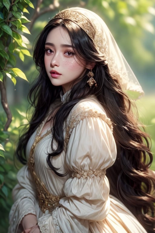 1 photograph, detailed lips, portrait, 1 female, (black hair), long curly hair, black eyes, (beautiful), peasant dress, commoner outfit, ((small orchard: background)),4k, masterpiece, (dynamic pose)),Detailed face, detailed eyes, soft colors, (high-resolution:1.2), headscarf, poor outfit, freckles, chubby_female, chubby, chubby face, tavern outfit, merchant outfit, white outfit, slighty_chubby, Fierce face