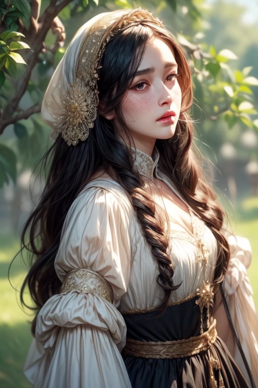 1 photograph, detailed lips, portrait, 1 female, (black hair), long curly hair, black eyes, (beautiful face), peasant dress, commoner outfit, ((small orchard: background)),4k, masterpiece, (dynamic pose)),Detailed face, detailed eyes, soft colors, (high-resolution:1.2), headscarf, poor outfit, freckles, chubby_female, chubby, chubby face, tavern outfit, merchant outfit, angry face, white outfit, slighty_chubby