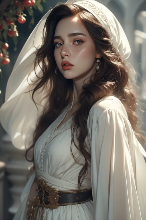 1 photograph, detailed lips, portrait, 1 female, (black hair), long curly hair, black eyes, (beautiful), peasant dress, commoner outfit, ((small orchard: background)),4k, masterpiece, (dynamic pose)),Detailed face, detailed eyes, soft colors, (high-resolution:1.2), headscarf, poor outfit, freckles, chubby_female, chubby, chubby face, tavern outfit, merchant outfit, white outfit, slighty_chubby, Fierce face, rage, angry, anger,1