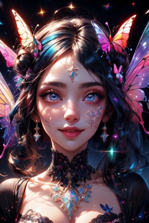 1 photograph,  detailed lips,  portrait,  1 female,  (dark blue hair), double bun, twintail, navy eyes, sparkling eyes), (beautiful face), smiling face, dark blue warlock outfit,  ((rainbow: background)), 4k,  masterpiece,  (dynamic pose)), Detailed face,  detailed eyes,  soft colors,  (high-resolution:1.2), yuzu detail, half body, cinematic lighting, High detailed, fairy wings, High detailed, butterfly wings,High detailed ,Color magic, music notes, Saturated colors,Saturated colors, young face, Color saturation, glitter on face, sparkling,Color saturation , butterfly wings on back