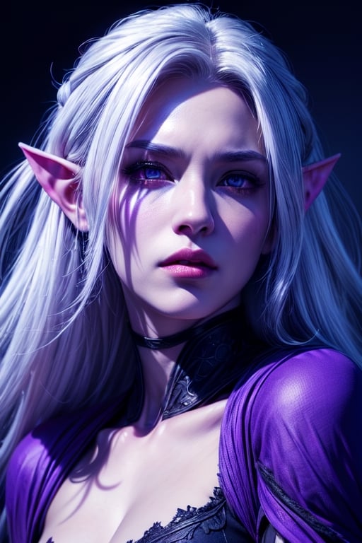 1 photograph, detailed lips, portrait, 1 female, (white hair), purple eyes, noble rogue outfit, ((underdark: background)), masterpiece, (dynamic pose)),Detailed face, detailed eyes, soft colors, (high-resolution:1.2),Fierce face, grey skin, dark skin, drow, elf ears, dark purple skin, 