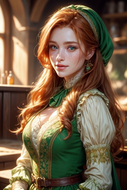 1 photograph, detailed lips, portrait, 1 female, (ginger hair), longhair, green eyes, (beautiful face), peasant dress, commoner outfit, ((tavern kitchen: background)),4k, masterpiece, (dynamic pose)),Detailed face, detailed eyes, soft colors, (high-resolution:1.2), twin_braid, headscarf, tavern outfit, poor outfit, soft freckles, smiling face