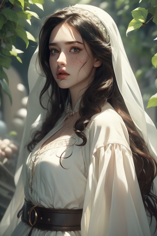 1 photograph, detailed lips, portrait, 1 female, (black hair), long curly hair, black eyes, (beautiful), peasant dress, commoner outfit, ((small orchard: background)),4k, masterpiece, (dynamic pose)),Detailed face, detailed eyes, soft colors, (high-resolution:1.2), headscarf, poor outfit, freckles, chubby_female, chubby, chubby face, tavern outfit, merchant outfit, white outfit, slighty_chubby, Fierce face, rage, angry, anger,1