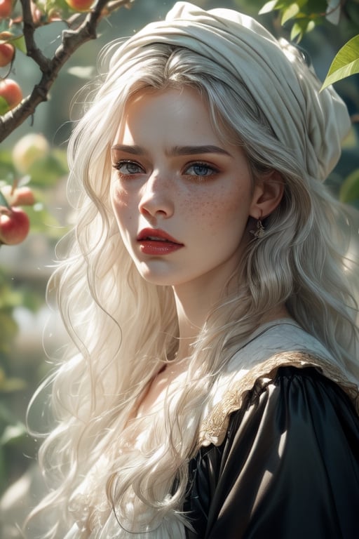 1 photograph, detailed lips, portrait, 1 female, (white hair), long curly hair, black eyes, peasant dress, commoner outfit, ((small orchard: background)),4k, masterpiece, (dynamic pose)),Detailed face, detailed eyes, soft colors, (high-resolution:1.2), headscarf, poor outfit, freckles, l tavern outfit, merchant outfit, white outfit, Fierce face, rage, angry, anger, gmilf, old woman, older, old, skinny, face_wrinkles, wrinkles