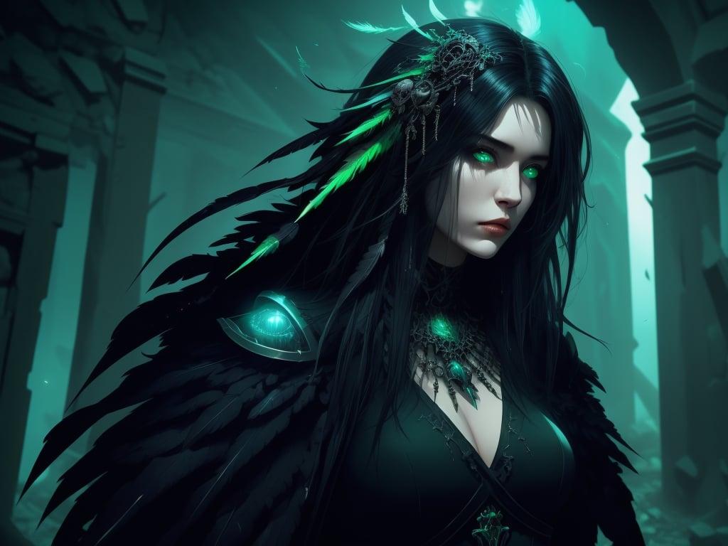 A mysterious and alluring warlock, with ebony hair, luminous and glowing eyes, emotionless, wearing light armor, conjuring green spells in a ruin, cinematic movement, black feathers, raven skull, Detailedface