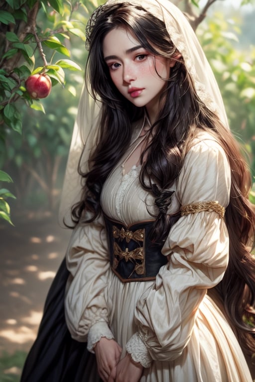 1 photograph, detailed lips, portrait, 1 female, (black hair), long curly hair, black eyes, (beautiful face), peasant dress, commoner outfit, ((small orchard: background)),4k, masterpiece, (dynamic pose)),Detailed face, detailed eyes, soft colors, (high-resolution:1.2), headscarf, poor outfit, freckles, chubby_female, chubby, chubby face, tavern outfit, merchant outfit, angry face, white outfit