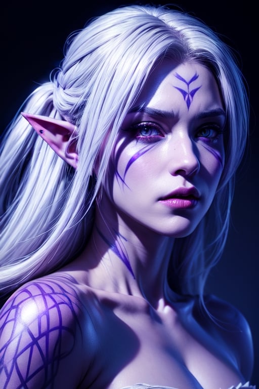 1 photograph, detailed lips, portrait, 1 female, (white hair), light purple eyes, noble rogue outfit, ((underdark: background)), masterpiece, (dynamic pose)),Detailed face, detailed eyes, soft colors, (high-resolution:1.2),Fierce face, grey skin, dark skin, drow, elf ears, dark purple skin, face tattoos