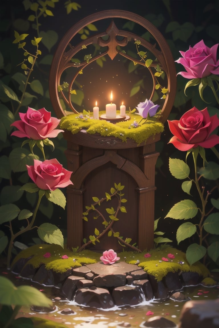 (tilt shift:1.2), tiny fansy altar, moss cover, rose vine cover, pink rose, riverside, flower bloom, glitter, fairy dust, soft lighting
