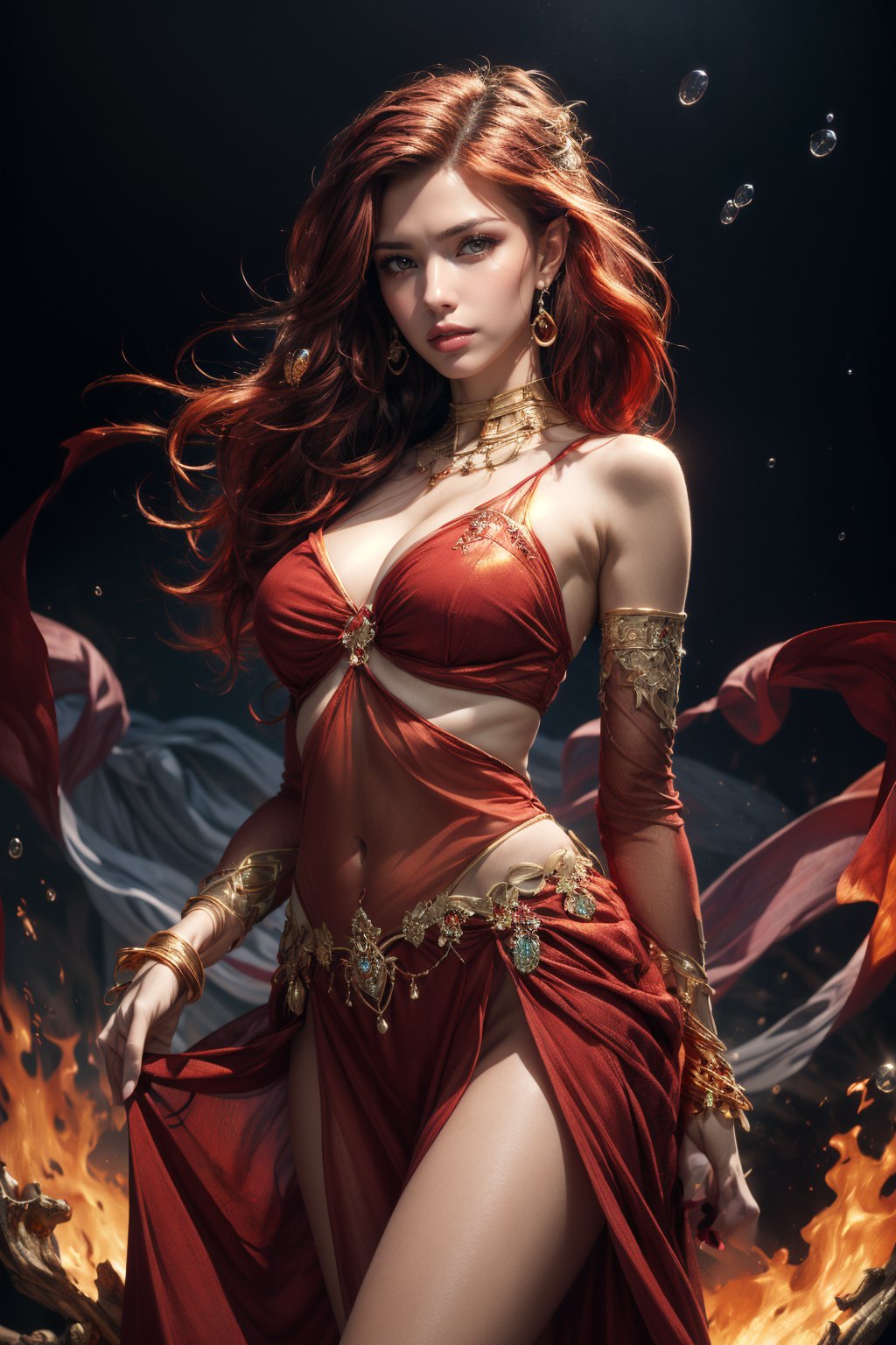 (masterpiece, top quality, best quality, official art, beautiful and aesthetic:1.2), (1girl:1.2), fire fairy, (golden eyes:1.5), beautiful face, ((Transparent heavenly plumage)),extreme detailed, colorful, highest detailed, (splash_art:1.2), jewelry:1.4, red and golden wear, scenery, colorful_girl_v2, messy hair, (red hair:1.3), dark red harem outfit, dancer, veil, dark red outfit, dark red dress, sheer_clothes, see-through_sleeves, no smile, angry, angry face, fierce face, (accessories:1.5), hair_ornaments, 