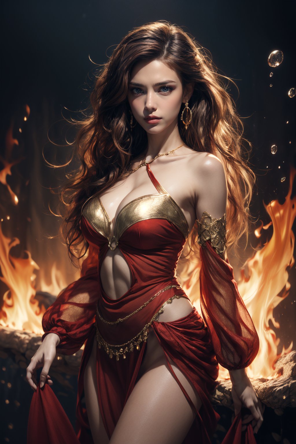 (masterpiece, top quality, best quality, official art, beautiful and aesthetic:1.2), (1girl:1.2), fire fairy, golden eyes, beautiful face, ((Transparent heavenly plumage)),extreme detailed, (shain gold hair:1.1), colorful, highest detailed, (splash_art:1.2), jewelry:1.4, red and golden wear, scenery, colorful_girl_v2, messy hair, red hair, dark red harem outfit, dancer, veil, dark red outfit, dark red dress, sheer_clothes, see-through_sleeves, no smile, angry, angry face