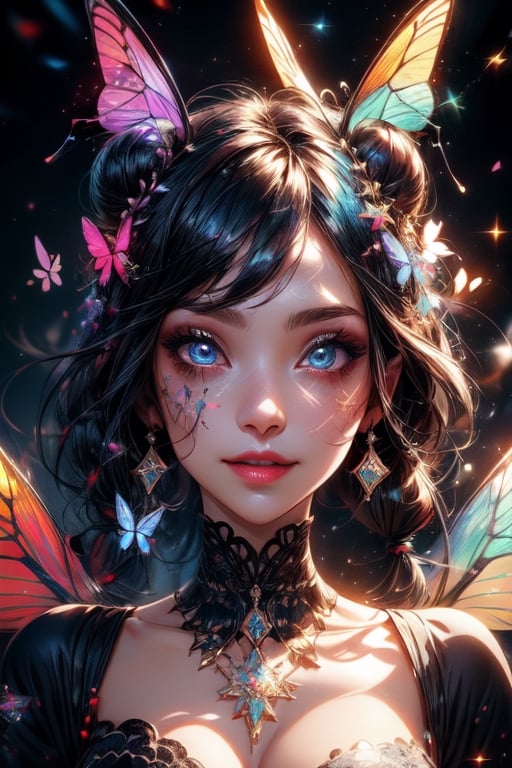 1 photograph,  detailed lips,  portrait,  1 female,  (dark blue hair), double bun, twintail, navy eyes, sparkling eyes), (beautiful face), smiling face, dark blue warlock outfit,  ((rainbow: background)), 4k,  masterpiece,  (dynamic pose)), Detailed face,  detailed eyes,  soft colors,  (high-resolution:1.2), yuzu detail, half body, cinematic lighting, High detailed, fairy wings, High detailed, butterfly wings,High detailed ,Color magic, music notes, Saturated colors,Saturated colors, young face, Color saturation, glitter on face, sparkling