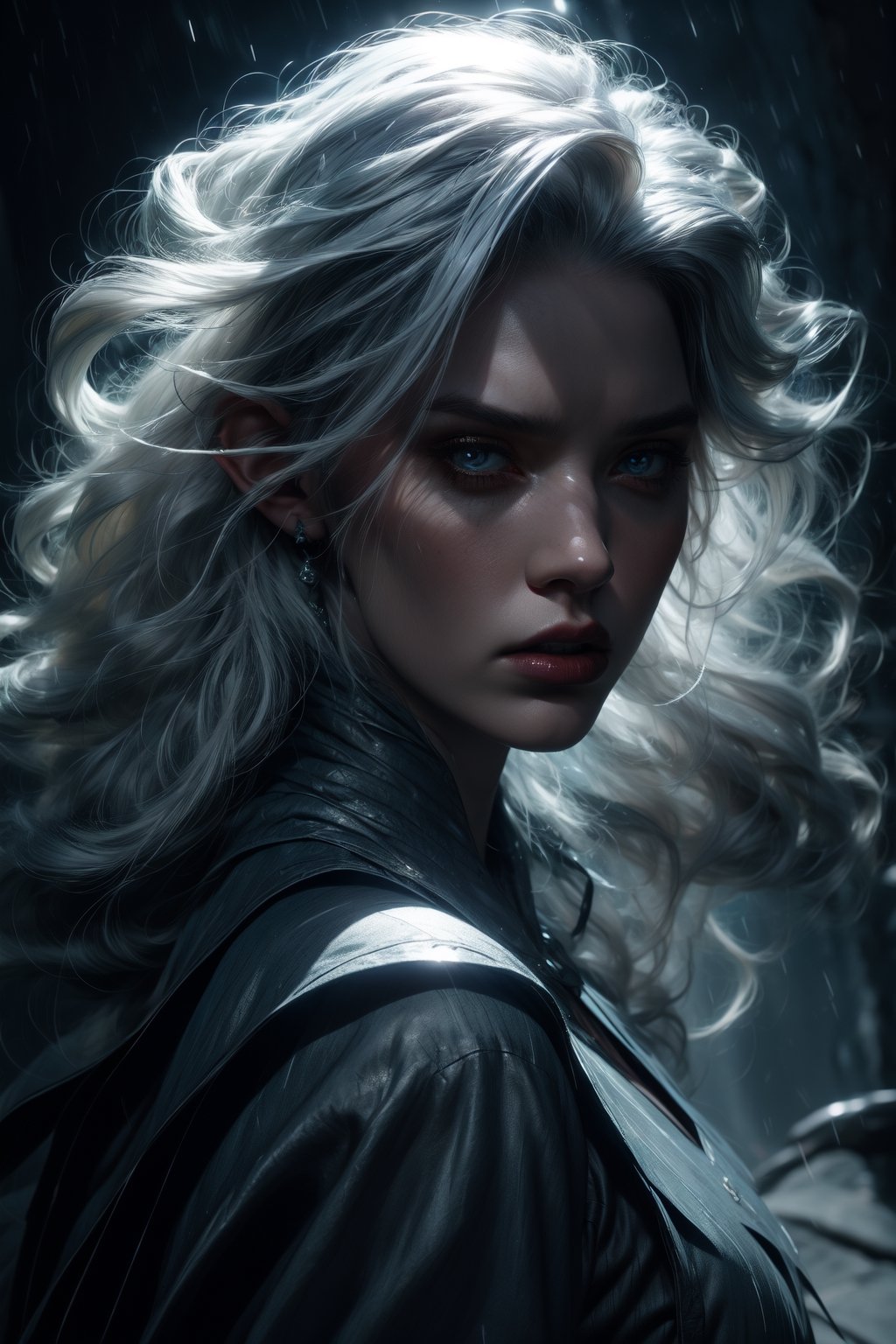 1 photograph, detailed lips, portrait, 1 female, (white hair), pale light blue eyes, warlock outfit, ((Underdark background)), masterpiece, (dynamic pose)), Detailed face, detailed eyes, soft colors, (high-resolution:1.2), Fierce face, rage, anger, grey skin, dark skin, drow, elf ears, blue skin, Girl, wind, lightning, moonlight background