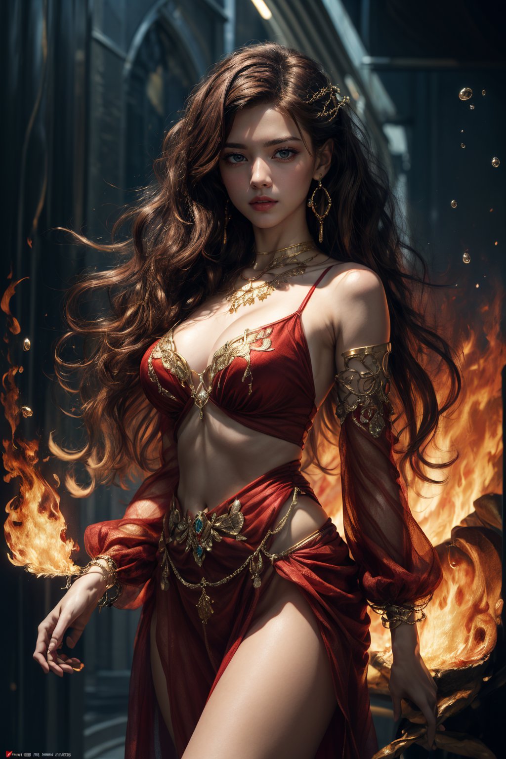 (masterpiece, top quality, best quality, official art, beautiful and aesthetic:1.2), (1girl:1.2), fire fairy, golden eyes, beautiful face, ((Transparent heavenly plumage)),extreme detailed, (shain gold hair:1.1), colorful, highest detailed, (splash_art:1.2), jewelry:1.4, red and golden wear, scenery, colorful_girl_v2, messy hair, red hair, dark red harem outfit, dancer, veil, dark red outfit, dark red dress, sheer_clothes, see-through_sleeves