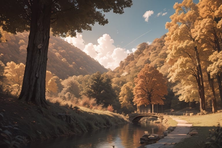 masterpiece, best quality, aesthetic, oak forest, stream forest, Sky of Day, stone bench, no human, beautiful sunlight, soft breeze, landscape, scenery, late summer time