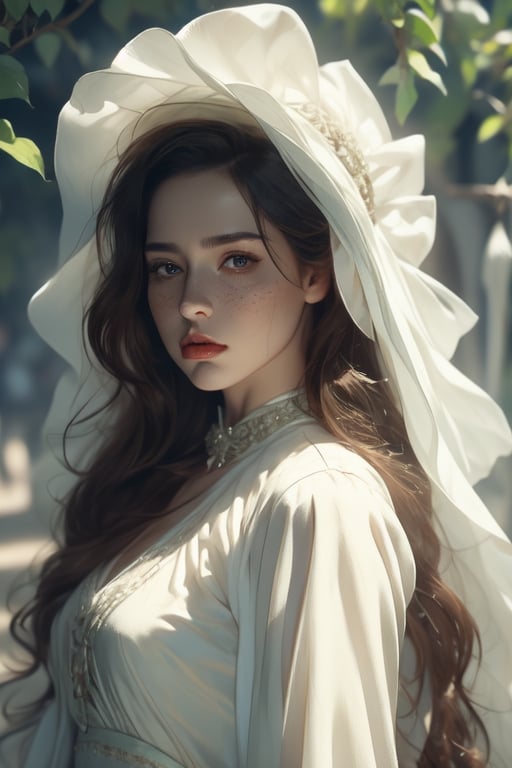 1 photograph, detailed lips, portrait, 1 female, (black hair), long curly hair, black eyes, (beautiful), peasant dress, commoner outfit, ((small orchard: background)),4k, masterpiece, (dynamic pose)),Detailed face, detailed eyes, soft colors, (high-resolution:1.2), headscarf, poor outfit, freckles, chubby_female, chubby, chubby face, tavern outfit, merchant outfit, white outfit, slighty_chubby, Fierce face, rage, angry, anger,1