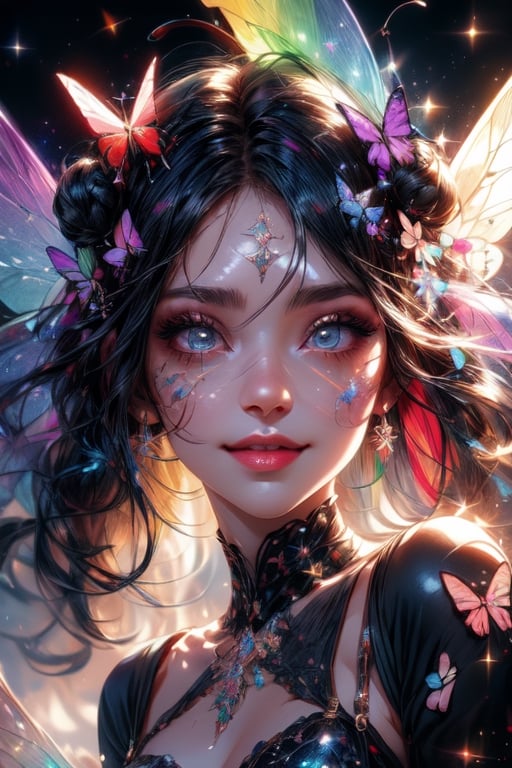 1 photograph,  detailed lips,  portrait,  1 female,  (dark blue hair), double bun, twintail, navy eyes, sparkling eyes), (beautiful face), smiling face, dark blue warlock outfit,  ((rainbow: background)), 4k,  masterpiece,  (dynamic pose)), Detailed face,  detailed eyes,  soft colors,  (high-resolution:1.2), yuzu detail, half body, cinematic lighting, High detailed, fairy wings, High detailed, butterfly wings,High detailed ,Color magic, music notes, Saturated colors,Saturated colors, young face, Color saturation, glitter on face