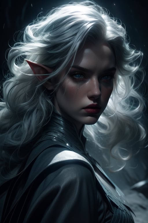 1 photograph, detailed lips, portrait, 1 female, (white hair), pale light blue eyes, warlock outfit, ((Underdark background)), masterpiece, (dynamic pose)), Detailed face, detailed eyes, soft colors, (high-resolution:1.2), Fierce face, rage, anger, grey skin, dark skin, drow, elf ears, blue skin, Girl, wind, lightning, moonlight background