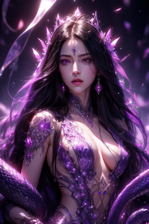 1 photograph, detailed lips, portrait, 1 female, (black hair), long hair, neat hair, light purple eyes, (beautiful face), light purple wizard robe, (glowing) sapphire earrings, snake scale, ((dim lightchamber: background)),4k, masterpiece, (dynamic pose)),Detailed face, detailed eyes, colors,otherworldly charm, soft colors, (high-resolution:1.2), soft lighting,1 girl,yuzu, conjuring mysterious purple spell, snake, white serpent, anger, angry face, snakes, white snakes, small snakes, big snakes, naga, half body