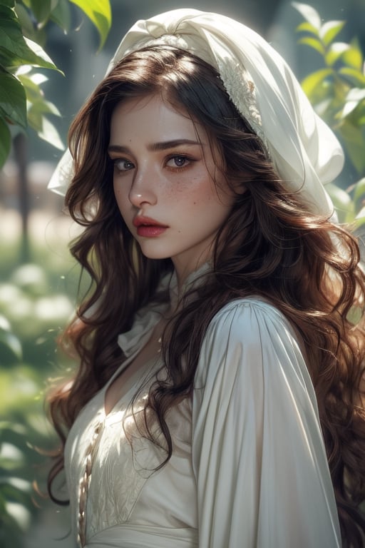 1 photograph, detailed lips, portrait, 1 female, (black hair), long curly hair, black eyes, (beautiful), peasant dress, commoner outfit, ((small orchard: background)),4k, masterpiece, (dynamic pose)),Detailed face, detailed eyes, soft colors, (high-resolution:1.2), headscarf, poor outfit, freckles, chubby_female, chubby, chubby face, tavern outfit, merchant outfit, white outfit, slighty_chubby, Fierce face, rage, angry, anger,1