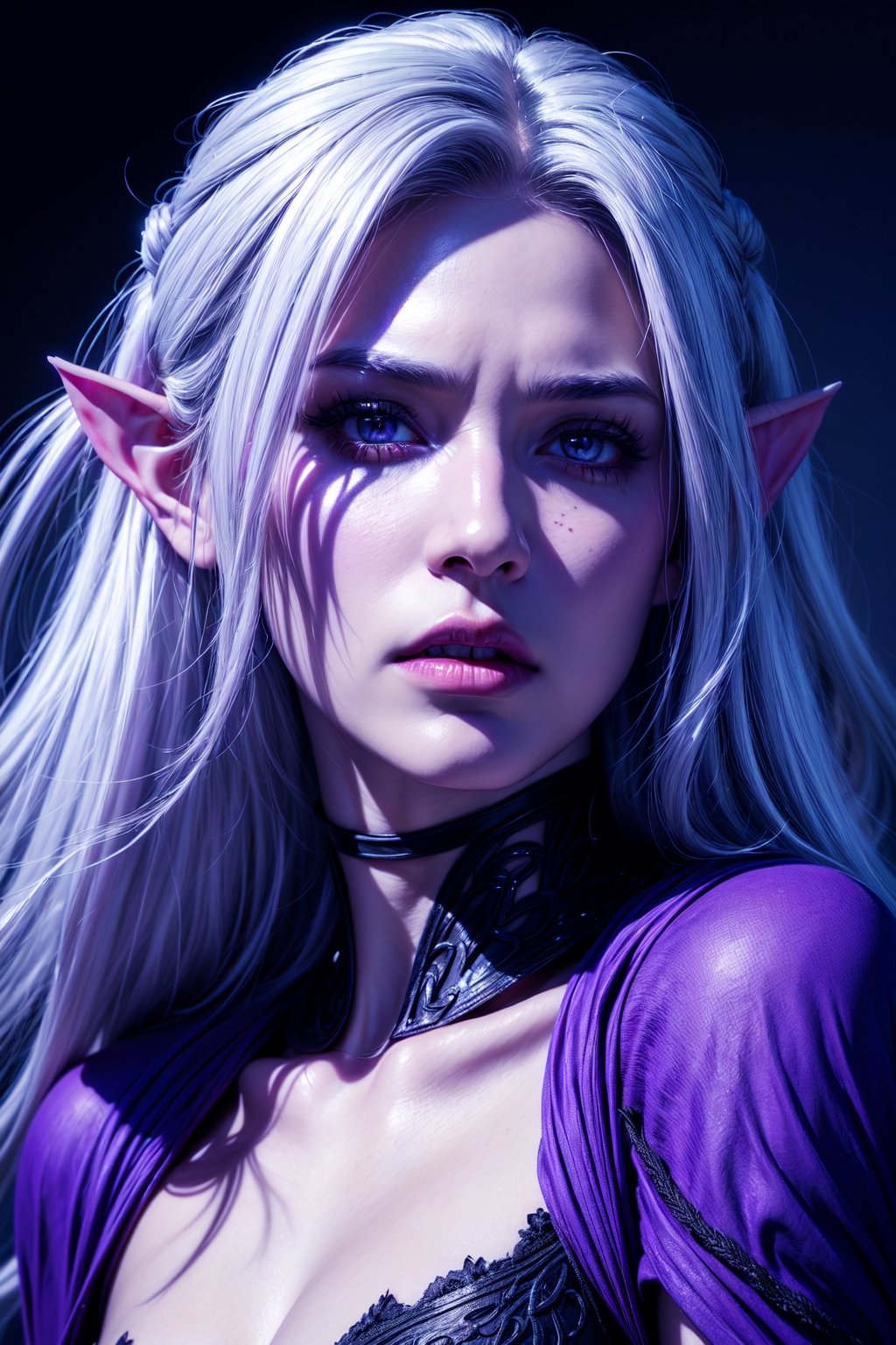 1 photograph, detailed lips, portrait, 1 female, (white hair), purple eyes, noble rogue outfit, ((underdark: background)), masterpiece, (dynamic pose)),Detailed face, detailed eyes, soft colors, (high-resolution:1.2),Fierce face, grey skin, dark skin, drow, elf ears, dark purple skin, 