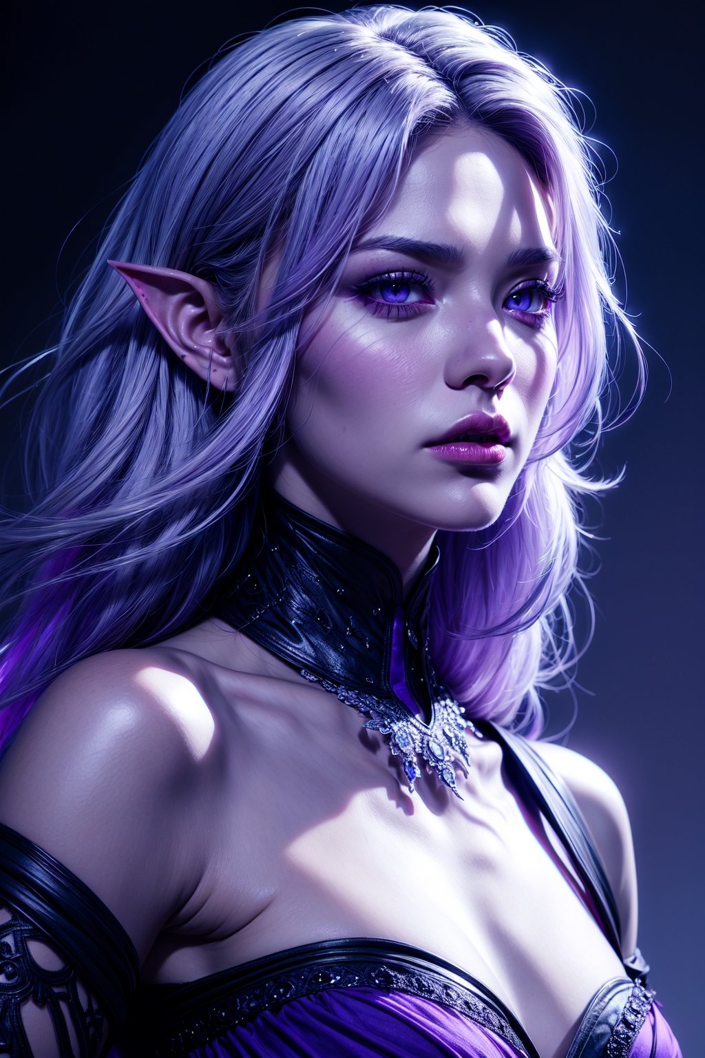 (Beauty photography:1.3), (purple - colored eyes:1.3), detailed skin texture, textured skin, visible skin detail, radiant skin, grey skin, juicy lips, Long Eyelashes, 1 photograph, detailed lips, portrait, 1 female, (white hair), purple eyes, noble rogue outfit, ((underdark: background)), masterpiece, (dynamic pose)),Detailed face, detailed eyes, soft colors, (high-resolution:1.2),Fierce face, grey skin, dark skin, drow, elf ears, dark purple skin, 