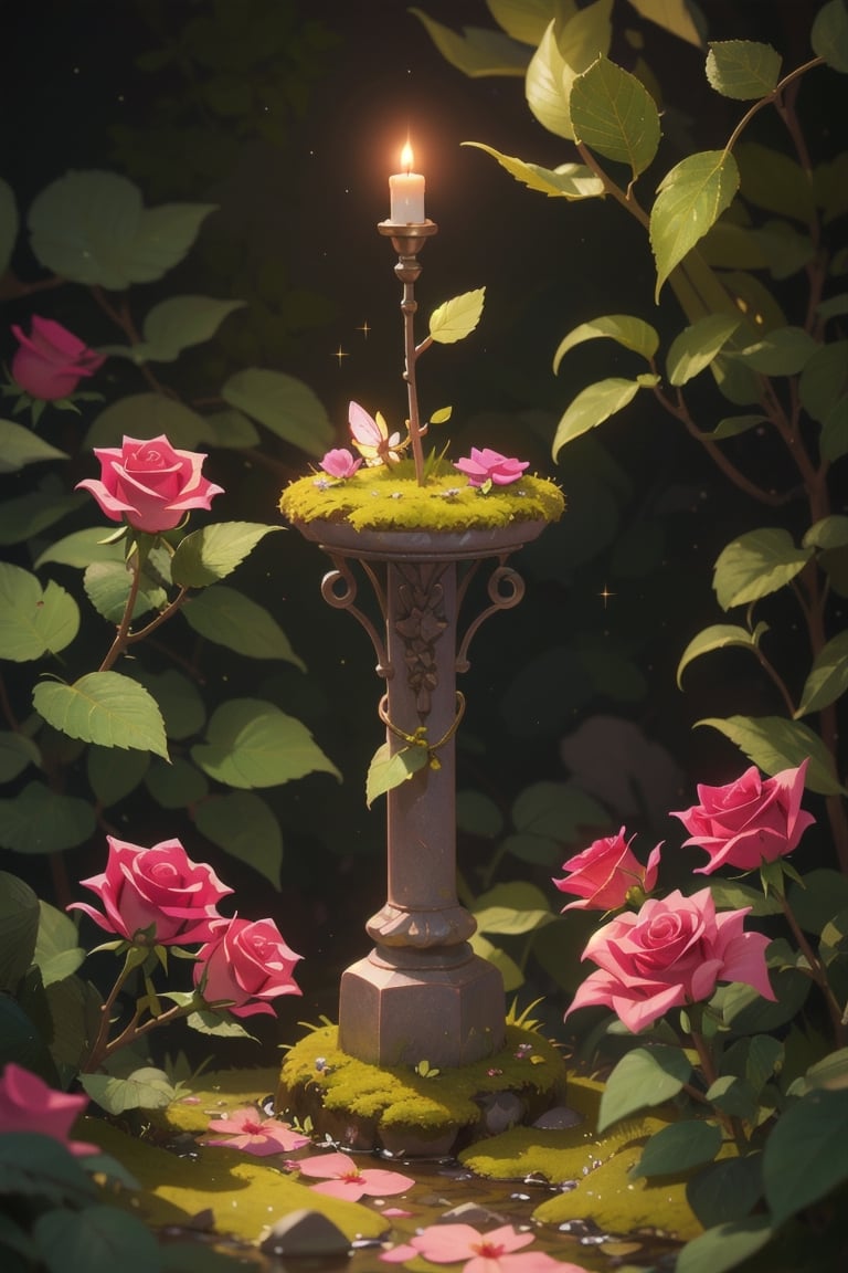 (tilt shift:1.2), tiny altar, moss cover, rose vine cover, pink rose, riverside, flower bloom, glitter, fairy dust, soft lighting
