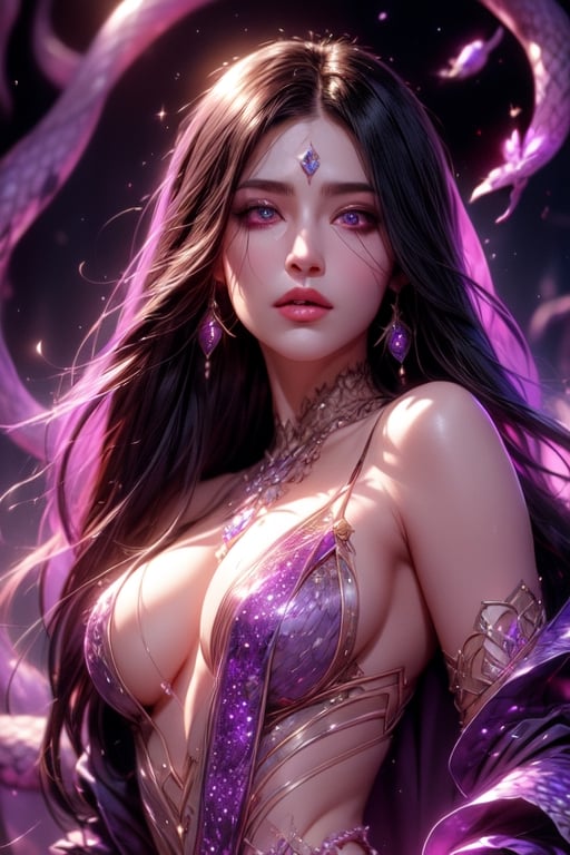 1 photograph, detailed lips, portrait, 1 female, (black hair), long hair, neat hair, light purple eyes, (beautiful face), light purple wizard robe, (glowing) sapphire earrings, snake scale, ((dim lightchamber: background)),4k, masterpiece, (dynamic pose)),Detailed face, detailed eyes, colors,otherworldly charm, soft colors, (high-resolution:1.2), soft lighting,1 girl,yuzu, conjuring mysterious purple spell, snake, white serpent, anger, angry face, snakes, white snakes, small snakes, big snakes, naga, half body