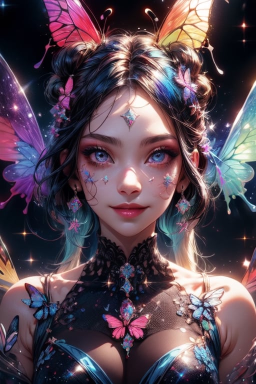 1 photograph,  detailed lips,  portrait,  1 female,  (dark blue hair), double bun, twintail, navy eyes, sparkling eyes), (beautiful face), smiling face, dark blue warlock outfit,  ((rainbow: background)), 4k,  masterpiece,  (dynamic pose)), Detailed face,  detailed eyes,  soft colors,  (high-resolution:1.2), yuzu detail, half body, cinematic lighting, High detailed, fairy wings, High detailed, butterfly wings,High detailed ,Color magic, music notes, Saturated colors,Saturated colors, young face, Color saturation, glitter on face, sparkling,Color saturation , butterfly wings on back