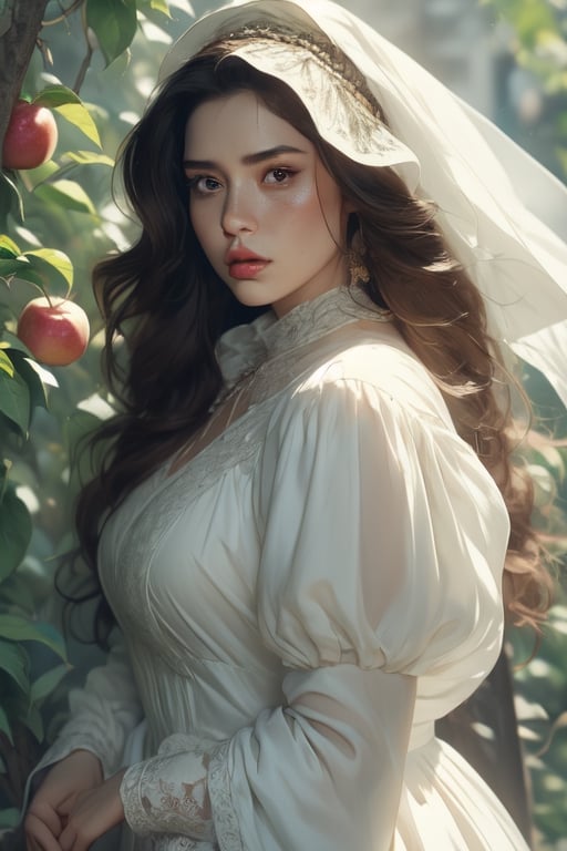 1 photograph, detailed lips, portrait, 1 female, (black hair), long curly hair, black eyes, (beautiful), peasant dress, commoner outfit, ((small orchard: background)),4k, masterpiece, (dynamic pose)),Detailed face, detailed eyes, soft colors, (high-resolution:1.2), headscarf, poor outfit, freckles, chubby_female, chubby, chubby face, tavern outfit, merchant outfit, white outfit, slighty_chubby, Fierce face, rage, angry, anger,1