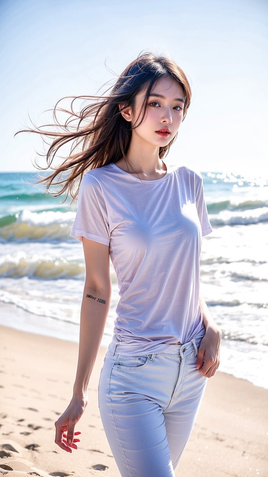A beautiful Chinese girl looking forward is wearing a T-shirt with white color. The girl is standing on the beach., which enhances her beauty, she looks stunningly beautiful