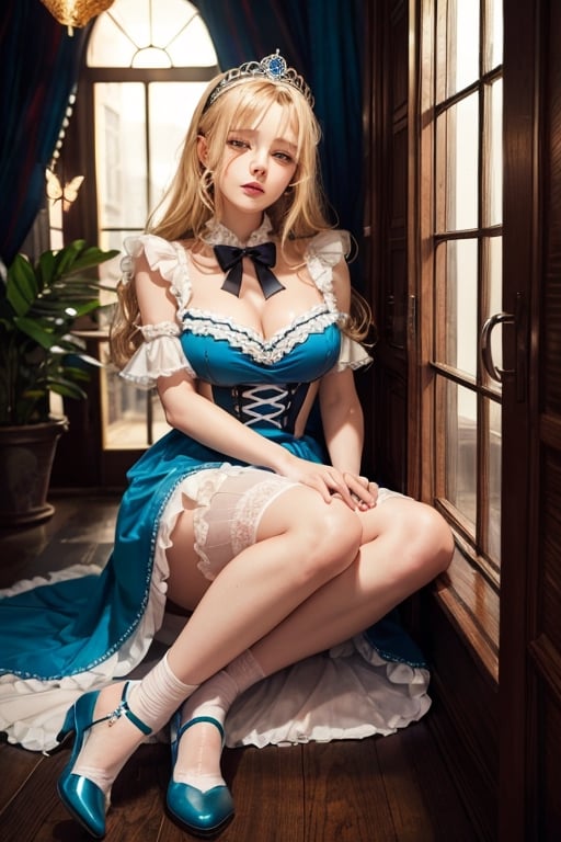 1girl, solo, a cute girl, long blonde hair, wearing a teddy bear tiara,donning a beautiful blue and white dress with ruffles and lace, sheer pink stockings, transparent aquamarine crystal shoes, bows around her waist (Alice in Wonderland), butterflies around, (Pixiv anime style), (Wit studios),(manga style),In the dark corner of the room,Skirt lift,  no panties,  {empty eyes},  disgust,  full body,  NSFW,  sexually suggestive,  masturbation,  crotch grab