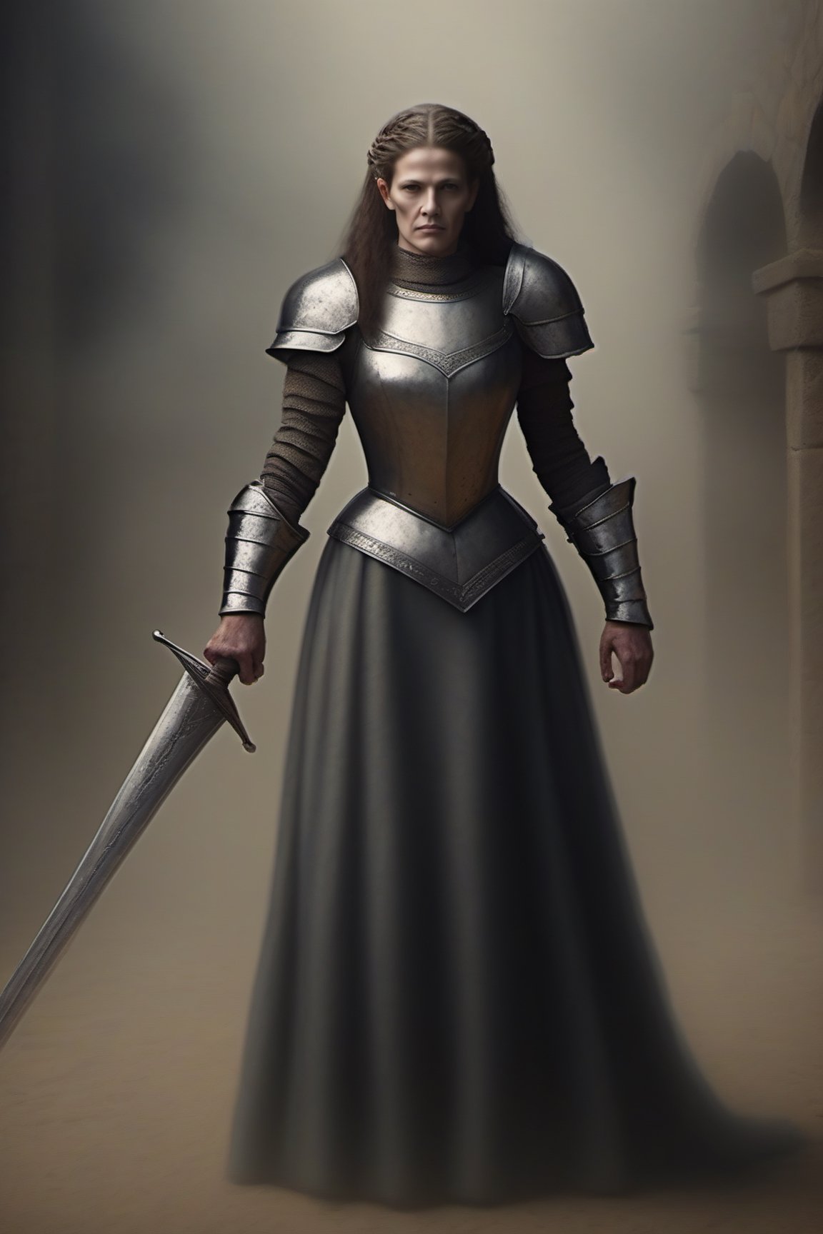 Mujer de edad madura con armadura elegante medieval con espada en la mano alzada,monster,isni,photo r3al,HellAI