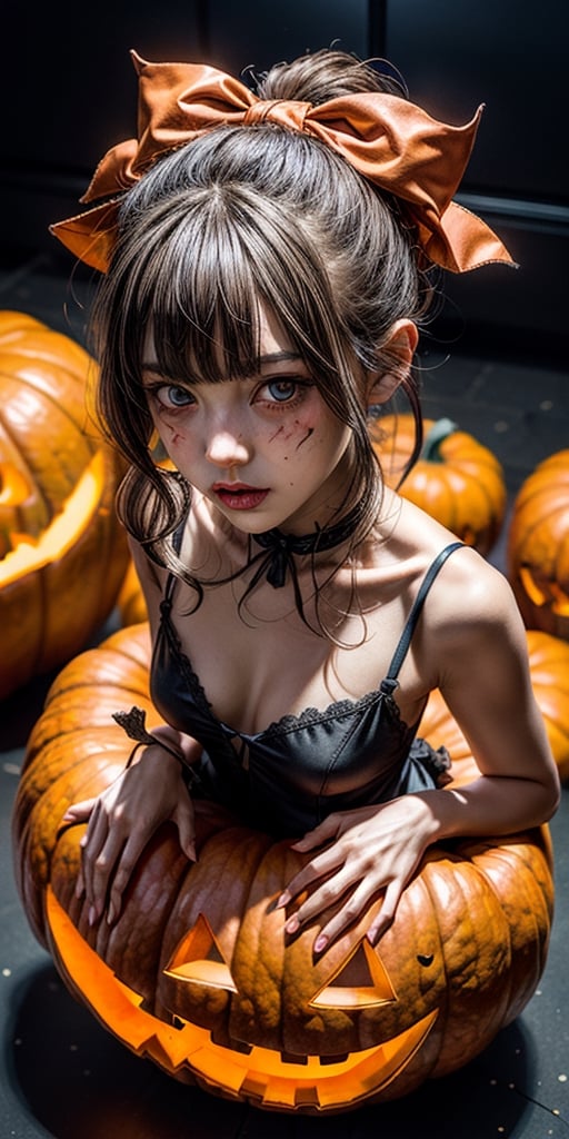 a halloween pumpkin girl, autumn, leaves, (photorealistic art),Kawaii Figurines Style