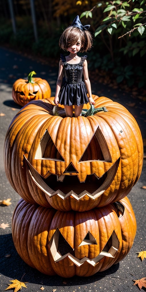 a halloween pumpkin girl, autumn, leaves, (photorealistic art),Kawaii Figurines Style