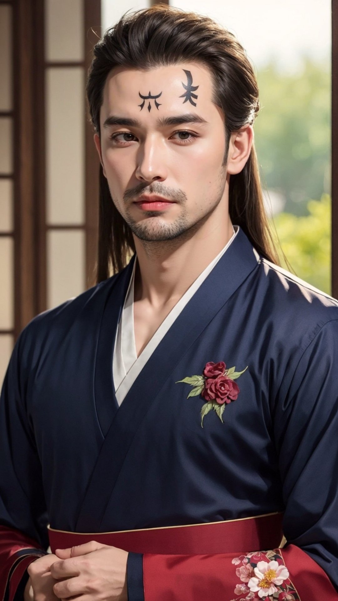 tienhiep, hanfu,
(male neck, male chest, female body, male head, male face, breasts, masculine face)
1boy, solo, long hair, black hair, hair ornament, long sleeves, upper body, flower, see-through, blurry background, facial mark, chinese clothes, forehead mark, realistic, hanfu, tienhiep,mature,man,cute blond boy,Germany Male, 