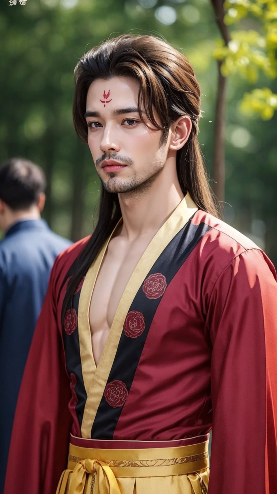 tienhiep, hanfu,
(male neck, male chest, female body, male head, breast, facial hair, masculine)
1boy, solo, long hair, black hair, hair ornament, long sleeves, upper body, flower, see-through, blurry background, facial mark, chinese clothes, forehead mark, realistic, hanfu, tienhiep,mature,man,cute blond boy,Germany Male, 