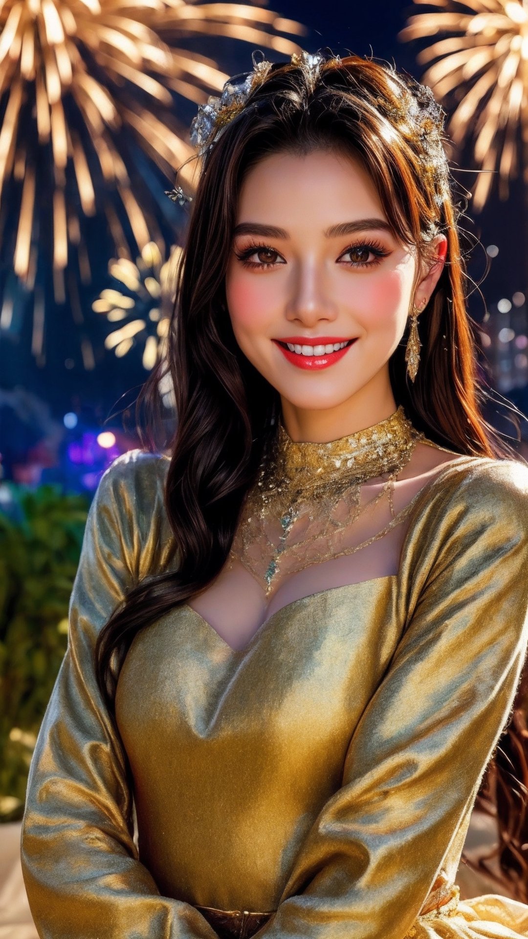 RAW photo,  high quality,  film grain,  8k uhd,  masterpiece,  best quaily,  (high detailed skin:1.1), photorealistic, smile, firework, happy new year,
(fractal crystal skin:1.1) woman, white crystal skin, (fantasy:1.3), ,High detailed ,