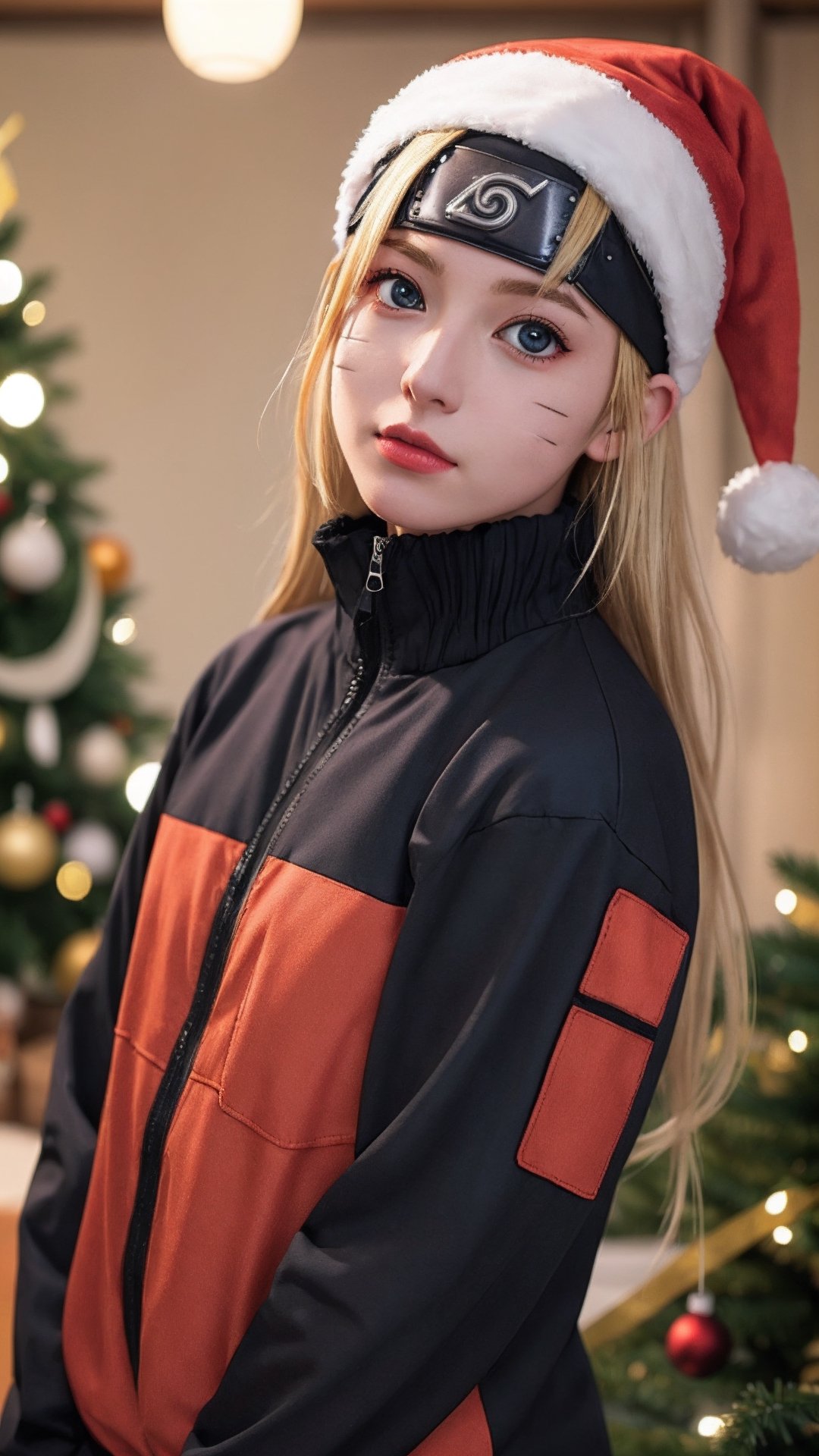 masterpiece,  best quality,  1girl,  solo,  gakuran,  christmas hat, christmas suit, long hair,  Naruto uzumaki,  long blonde hair,  spiked hair , n4rut0, facial mark,  forehead protector,  konohagakure symbol,