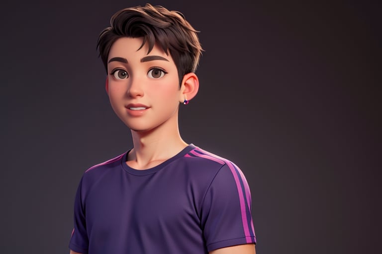 solo, looking at viewer, smile, short hair, simple background, shirt, black hair, 1boy, brown eyes, jewelry, upper body, male focus, earrings, black background, sportswear, purple shirt